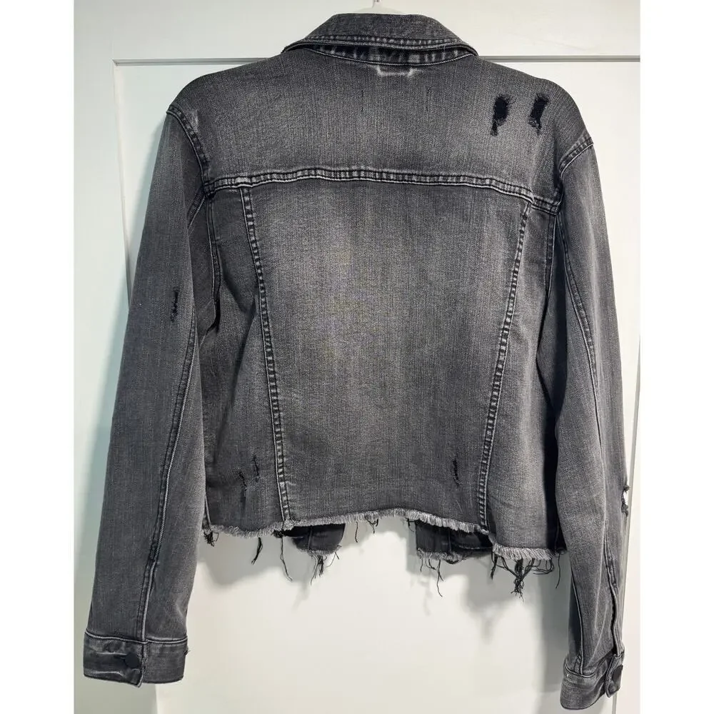 NWT EUNINA JEANS Distressed Charcoal Cropped Denim Jean Jacket Size M - Picture 3 of 3